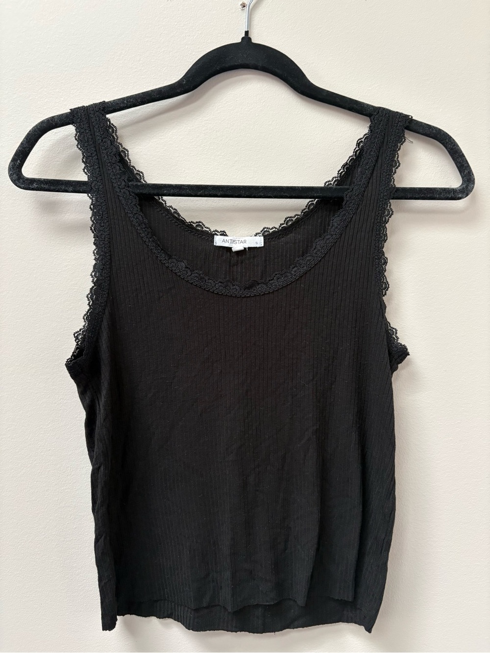 Antistar Black Ribbed Lace-Edge Tank Top